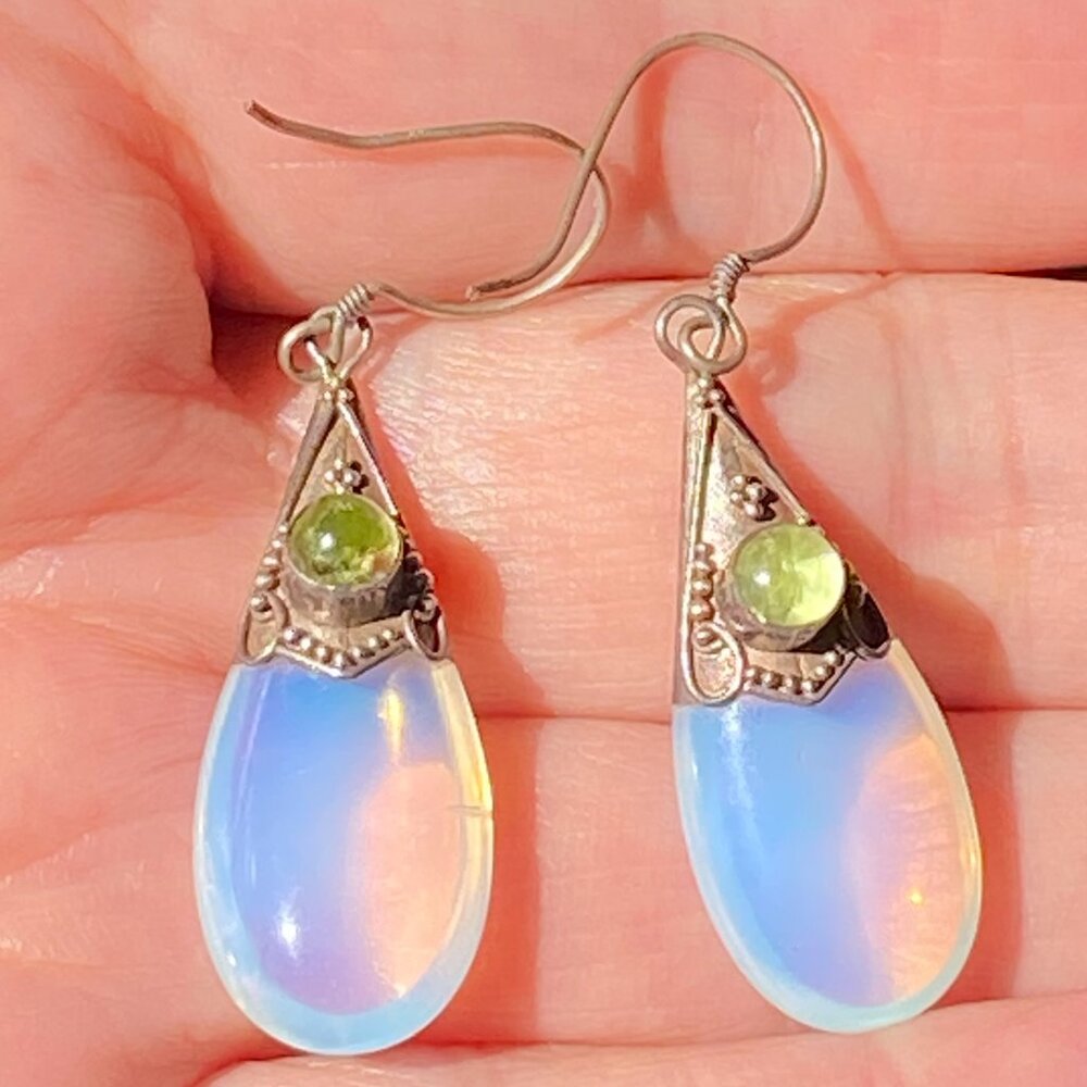 Vintage Peridot & Opalite Sterling Silver Teardrop Dangle Earrings